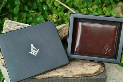 #ad Masonic Brown Leather Bi Fold Wallet Mason Embossed Square and Compasses NEW $16.99