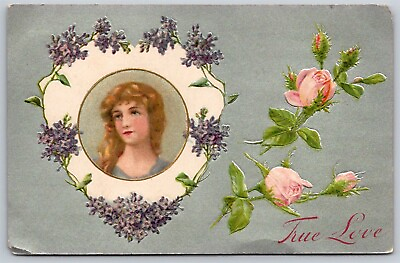 #ad Valentines Day True Love UDB Embossed Postcard Pink Roses Pretty Lady 1910 $6.99
