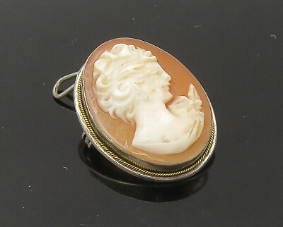 #ad 925 Sterling Silver Vintage Antique Carved Woman Cameo Brooch Pin BP8778 $54.13