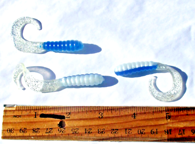 #ad 25ct BLUE WHITE SILVER FL 3quot; CURLY TAIL GRUBS Bass Fishing Lures Saltwater Baits $11.99