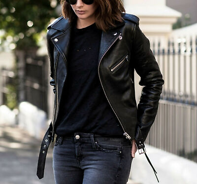 #ad Women#x27;s Black Genuine Lambskin Real Soft Leather Biker Motorcycle Jacket $99.99