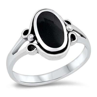 #ad Oval Ring Black Agate Genuine Sterling Silver 925 Height 13 mm Sizes 5 12 $19.78