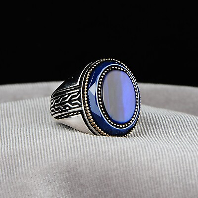 #ad Silver Blue Tiger Eye Ring Natural Stone Men Ring Tiger Eye Stone Ring $80.00