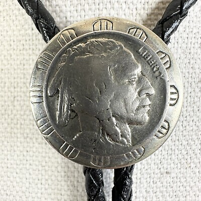 #ad Vintage Indian Head Buffalo Nickel With Silver Tooled Western Setting Bolo Tie $36.00