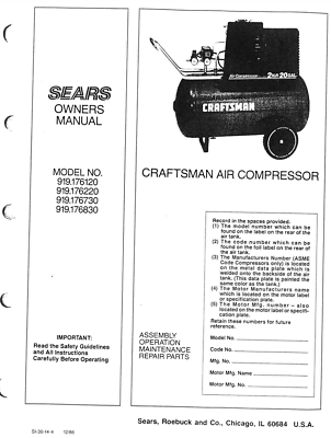 Craftsman Air Compressor Owners Manual 919.176120 919.176220 * MANUAL ONLY * $13.45