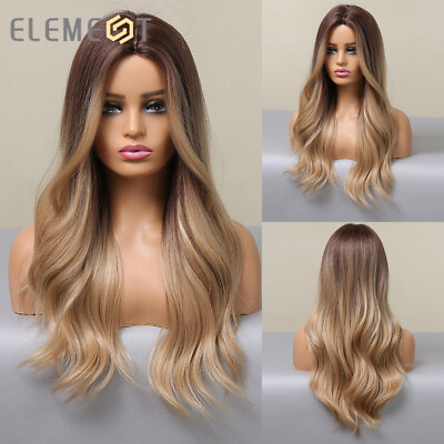 #ad Long Hair Wigs for Women Ombre Brown Golden Blonde Highlights Synthetic 24 Inch $21.19