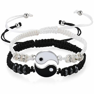 #ad 2pcs Matching Couple Bagua Yin Yang Friendship Bracelet Adjustable Cord Braided $8.99