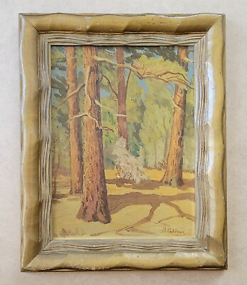 #ad Vintage Early California Redwoods Plein Air Oil Painting Signed Carved Frame $465.00