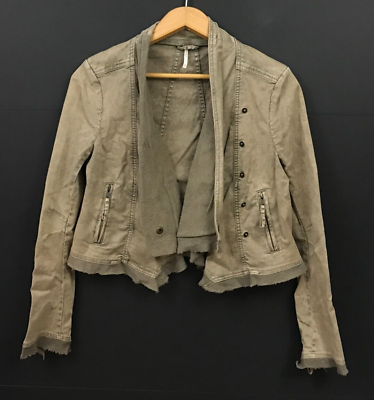 #ad Free People Asymmetrical Cropped Moto Jacket Beige Snap Front Size XS $34.99