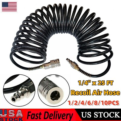 #ad 25FT 1 4quot; Recoil Air Hose Re Coil Spring Ends Fittings Compressor Hose 200PSI US $93.00