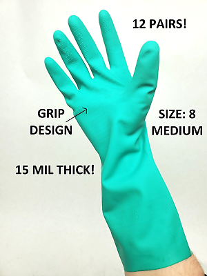 #ad 12 PAIRS NITRI MASTER Chemical Resistant Nitrile Rubber Gloves 15mil MEDIUM HR $19.99