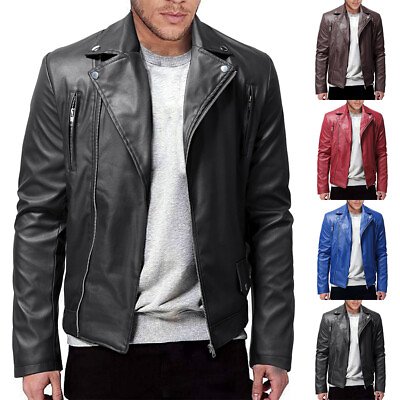 #ad Men#x27;s PU Leather Jacket Black Slim Fit Biker Motorcycle Jackets Coat Outwear $39.05