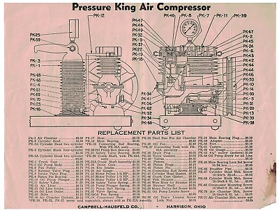 #ad 1940s 50s Operating Instruction Campbell Hausfeld Pressure King Air Compressor $15.00
