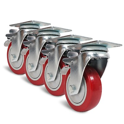 #ad Sound Town 4 Pack 4” Swivel Wheels with Red Polyurethane and Brake Caster STLC 4 $38.24