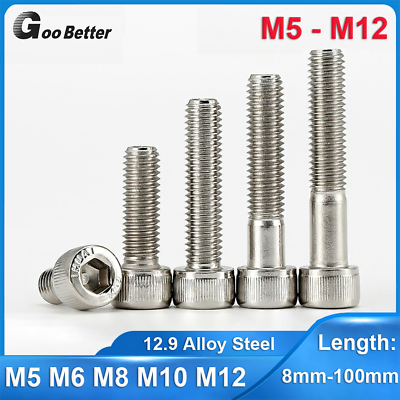 #ad M5 M12 Socket Cap Head Screws 12.9 Alloy Steel Nickel Plated Allen Key Bolts $7.19
