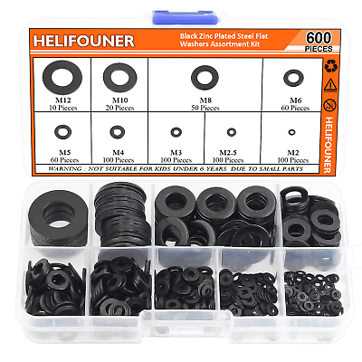 #ad 600 Pieces 9 Sizes Black Zinc Plated Steel Flat Washers Assortment K $21.99
