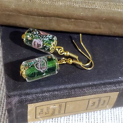#ad Green Murano Lampwork Glass Flower Inside Vintage Beads Round Tube Earrings $24.95