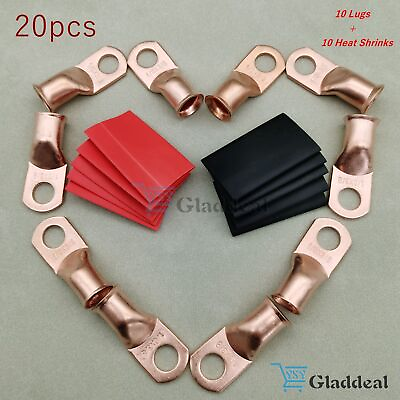 #ad 20PCS 1 0 AWG Gauge Copper Lugs W BLACK amp; RED Heat Shrink Ring Terminals Wire $10.99