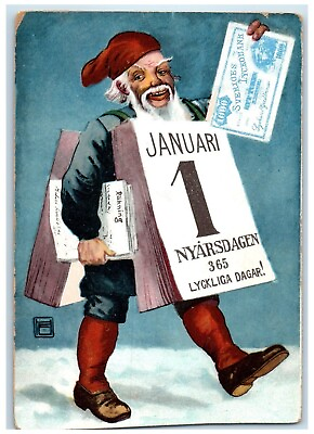 #ad New Year Postcard Elf Gnome Fantasy With Calendar Sweden c1910#x27;s Antique $19.47