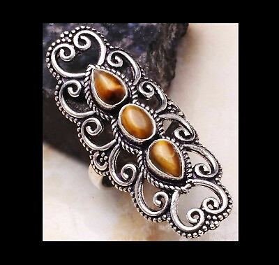 #ad NEW TIGERS EYE 3 STONE ANTIQUE SILVER SCROLL LARGE STATEMENT RING SIZE 8.75 $15.99