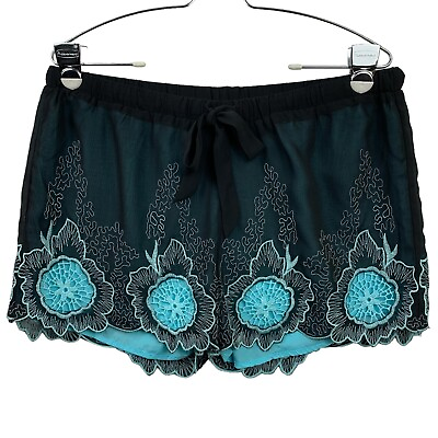 #ad Umgee Women#x27;s Pull On Shorts Large Black Blue Sheer Lace Floral Elastic Waist $15.29