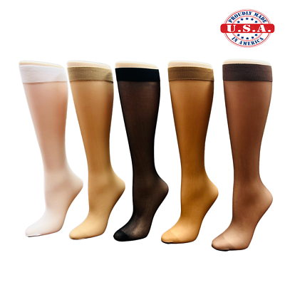 #ad 12 Pair Sheer Nylon Comfort Top Knee Highs Knee High Made In USA Choice of Color $14.99