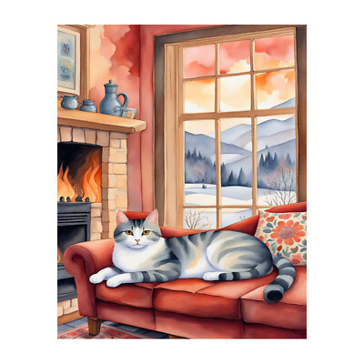 #ad ACEO ATC Art Card Watercolor Print Folk art cat ready to sleep Limited Edition $3.80