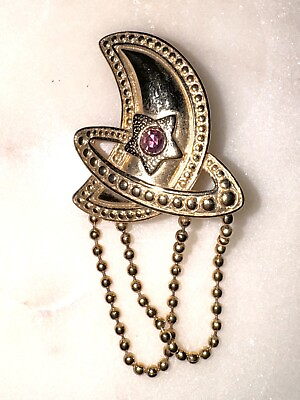 #ad Celestial Crescent Moon W Ring Dangling Chain Brooch Gold Tone Pink Rhinestone $18.19