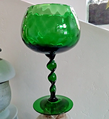 #ad Empoli Emerald Green Optic Goblet Compote Snifter Twisted Stem 9.5” Tall MCM $42.00
