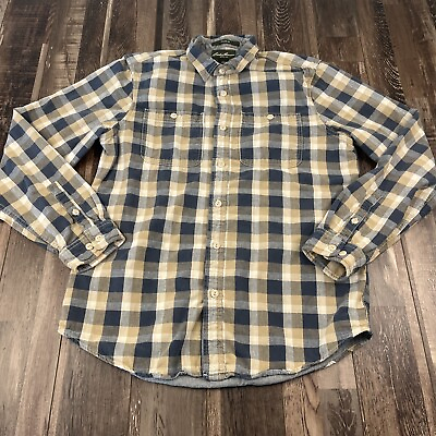 #ad Eddie Bauer Shirt Mens Large Blue Plaid Flannel Classic Fit Tall Heavy Button Up $28.87