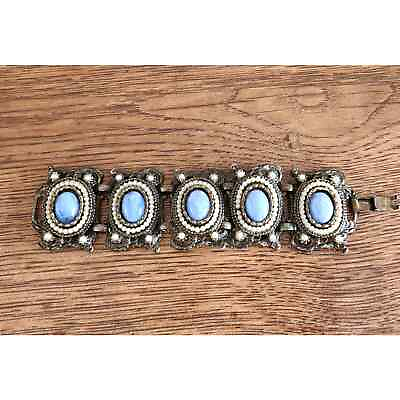 #ad Vtg Silver Tone 5 Panel Bracelet Rhinestone Art Nouveau Style $39.00