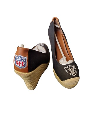 #ad Oakland Raiders The Groupie Sandal Canvas Crystal Wedge NFL Womens 9 Rare Shoes $66.30