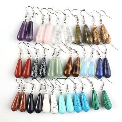 #ad Natural Stone Long Drop Dangle Earrings Hook Healing Reiki Balance Jewelry $2.99
