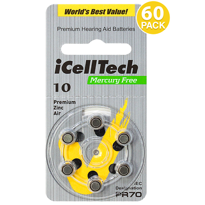 #ad iCellTech Size 10 PR70 P10 Zinc Air Hearing Aid Batteries 0%Hg 60 Pack $13.96