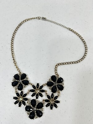 #ad Women Statement Necklace Gold Tone Black Flowers Jewelry Costume Party Holiday $6.17
