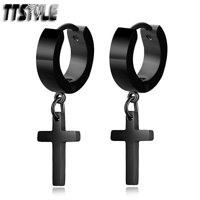#ad TTStyle Black Stainless Steel Hoop Dangle Earrings A Pair AU $17.99