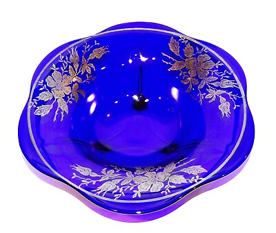 #ad GORGEOUS VINTAGE COBALT BLUE STERLING OVERLAY GLASS 12 1 4quot; 3 BALL FOOTED BOWL $112.49