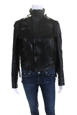 #ad Duarte Womens Leather Cargo Pocket Zippered Motorcycle Jacket Black Size XS $73.19