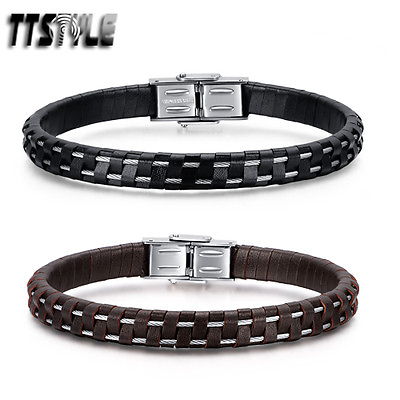 #ad TTstyle 8mm Width Black Brown Leather 316L Stainless Steel Clip Bracelet NEW AU $19.99
