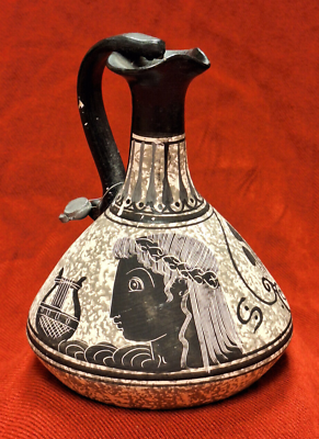 #ad Greek Style Hand Painted Pottery Vase Vintage w handle Matte Finish Blk Gray 5quot; $12.80