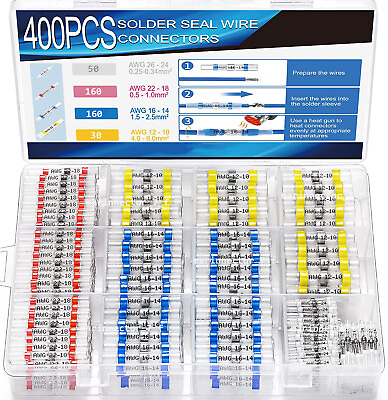 #ad 400x Waterproof Heat Shrink Solder Seal Sleeve Wire Butt Connectors Terminal kit $20.99