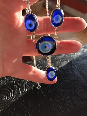 #ad Old Southwest Artisan Evil Eye Blue Glass 21” Necklace 925 $15.00