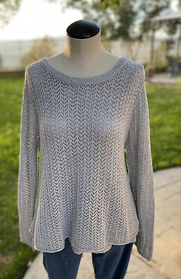 #ad SUBTLE LUXURY Pearl Gray Sweater Lace Hem Layered Crew Loose Knit NEW NWT $160 $52.00