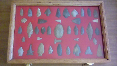 #ad Authentic Large Arrowhead Lot of 40 with new oak case $500.00