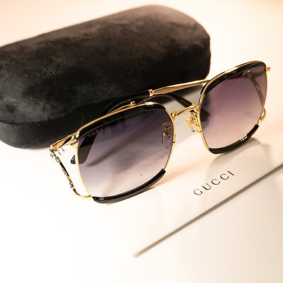 #ad Gucci GG0593SK 004 Sunglasses Black and Gold 100% UV Square Women Sunglasses $185.00