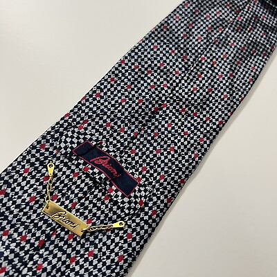 #ad BRIONI Blue Grid Silk Luxury Tie w Red Accents Swirl Overlay 61x3.75” $75.00