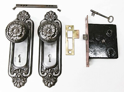 #ad Antique Door Set Victorian Eastlake Backplate Knob Mortise Lock Key Reclaimed $144.99