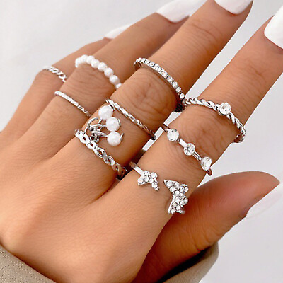 #ad Shine D Retro Women Pearl Rings Rhinestone Simple Ring Peral Jewelry Fashion $1.60