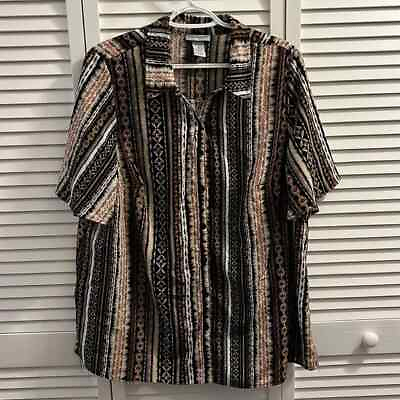 #ad Catherines tan black multicolor print short sleeves button shirt size 0X 14 16W $3.00