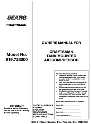 Craftsman AIR COMPRESSOR 919.728000 OWNERS MANUAL * MANUAL ONLY * $13.45